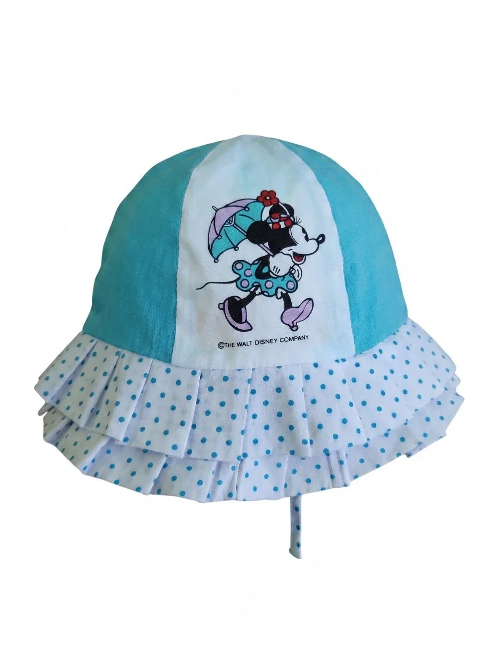 Vintage Disney Minnie Mouse Aqua and White Polka Dot Ruffle Sun Hat for Kids